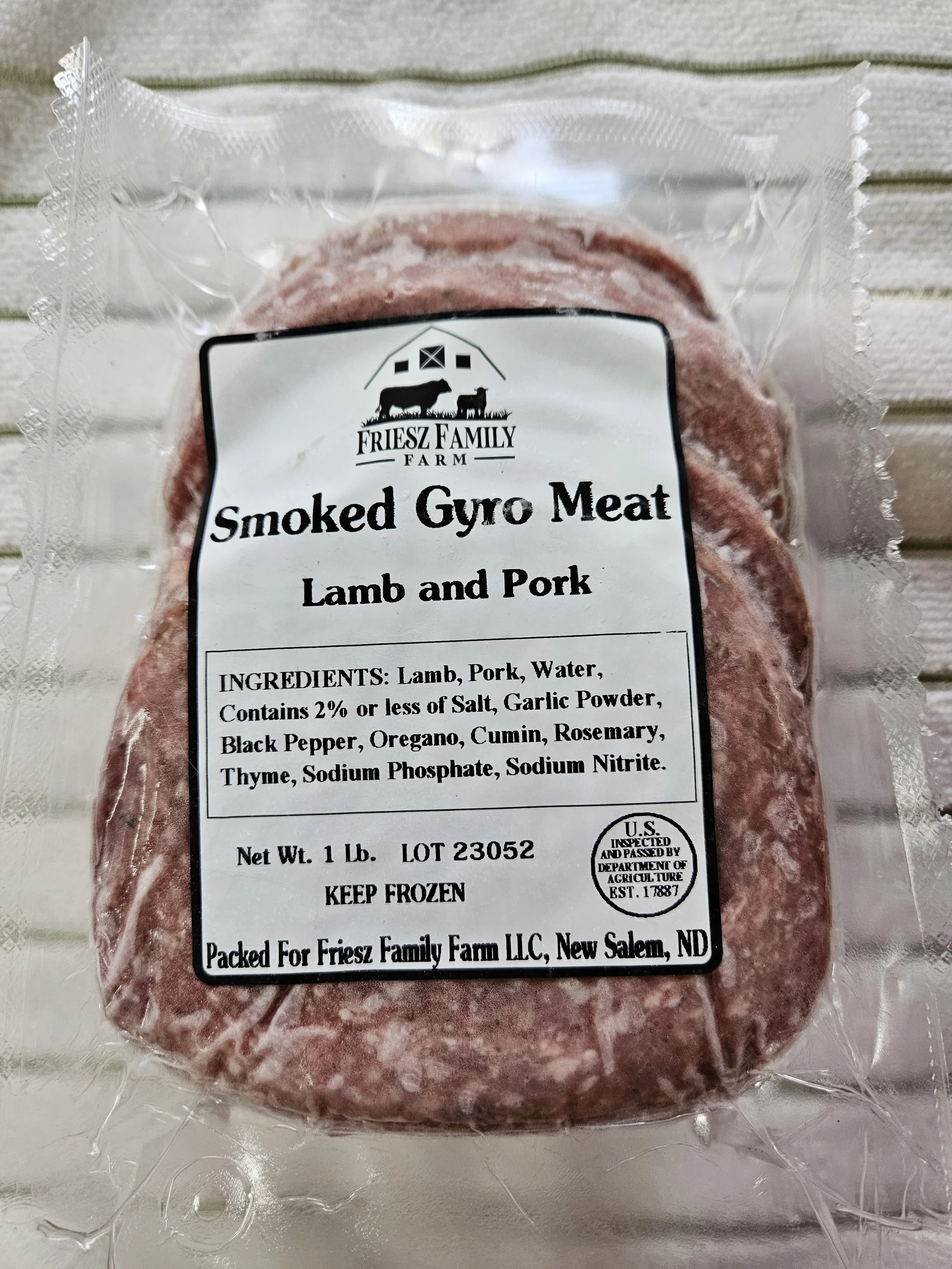 A package of Friesz Family Farm smoked gyro meat, lamb and pork